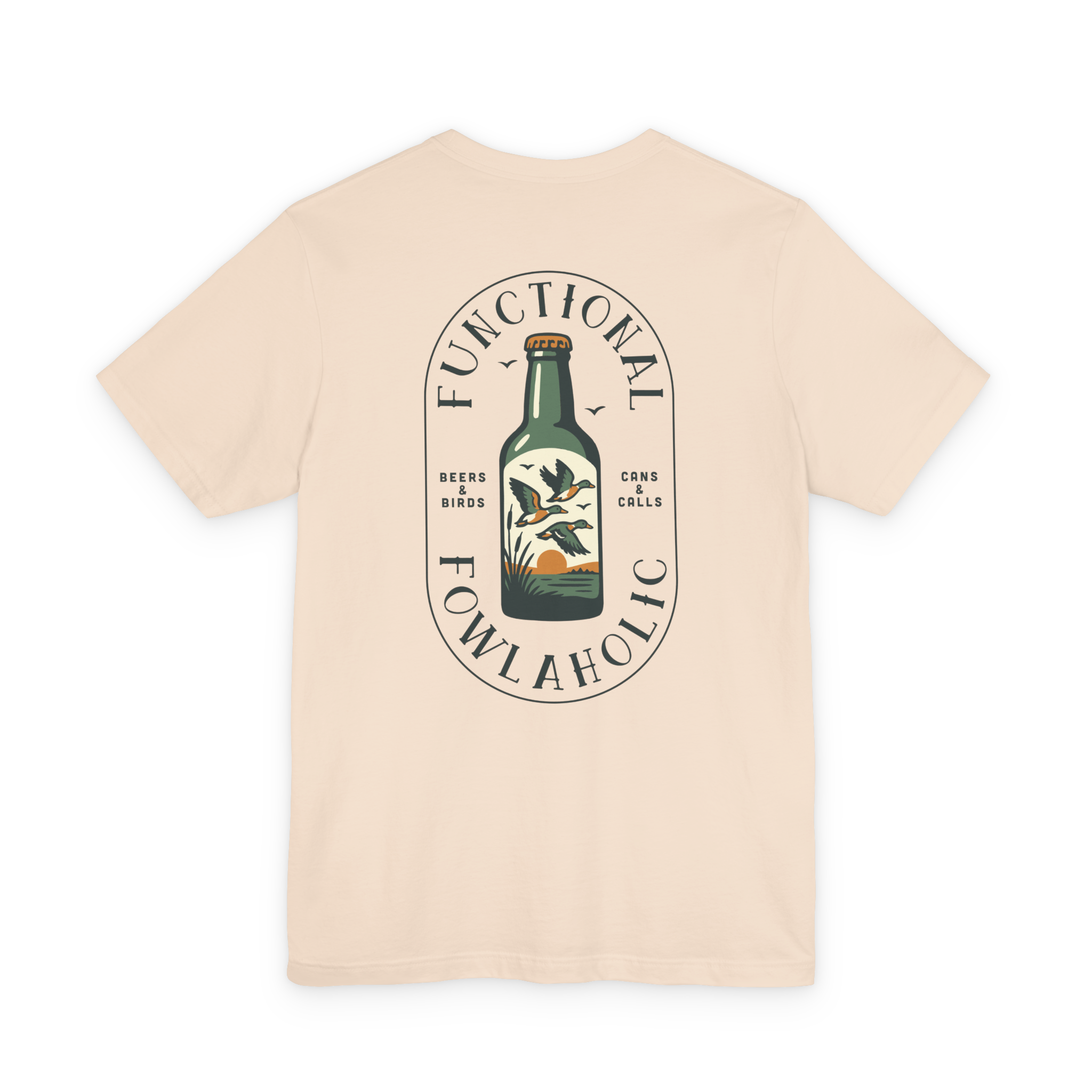 Beige t-shirt with a graphic design of a bottle and text on a white background