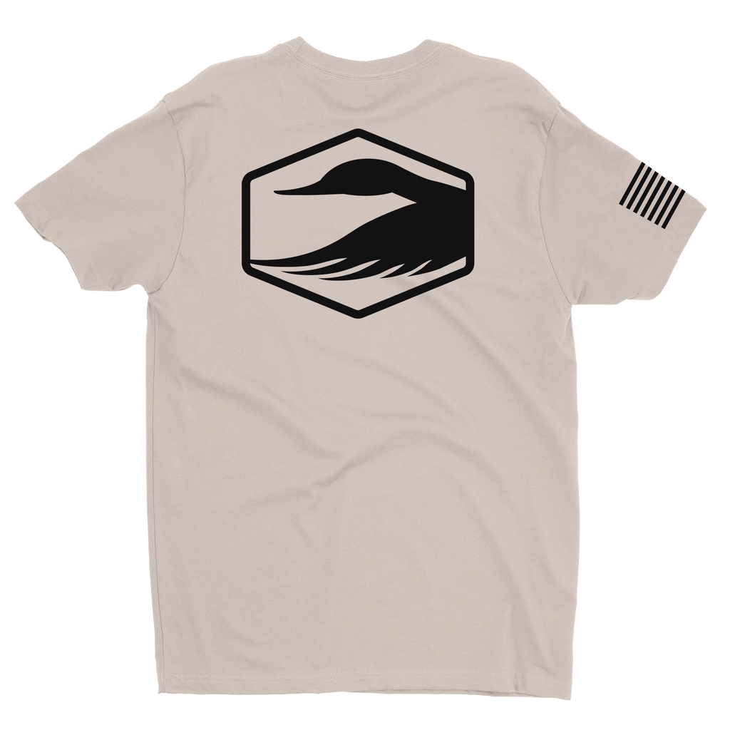 Beige t-shirt with black graphic on the back against a white background