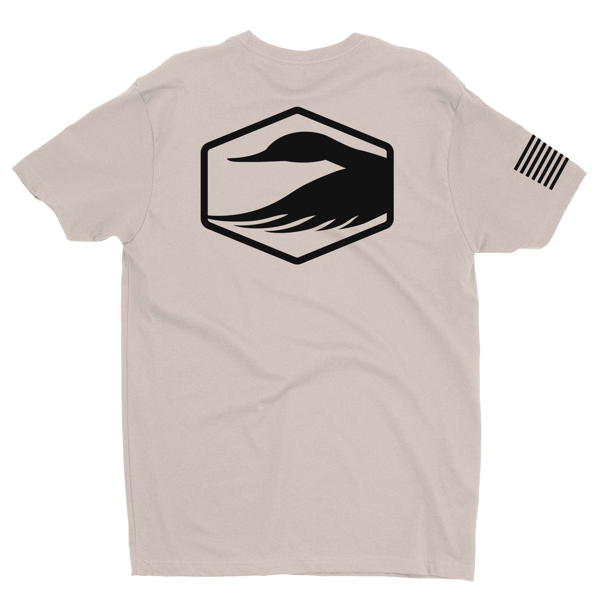Beige t-shirt with black graphic on the back against a white background